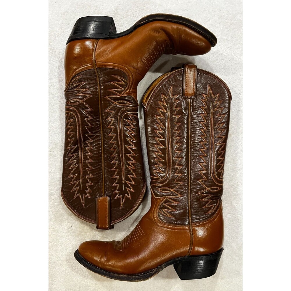 Kids Youth sz 4.5 B Tony Lama Western Two Tone Stitched Cowboy Boots Pointed Toe